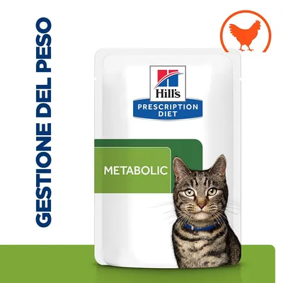 Hill's Prescription Diet Metabolic per gatti, gestione del peso, bustina con immagine di gatto e simbolo arancione di pollo in alto a destra.