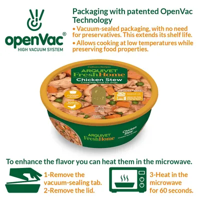ARQUIVET Fresh Home Chicken Stew med OpenVac-teknologi. Vejledning: Fjern vakuumfanen, tag låget af, opvarm i mikrobølgeovnen i 60 sekunder. ARQUIVET Fresh Home Chicken Stew med OpenVac-teknologi. Vejledning: Fjern vakuumfanen, tag låget af, opvarm i mikrobølgeovnen i 60 sekunder.