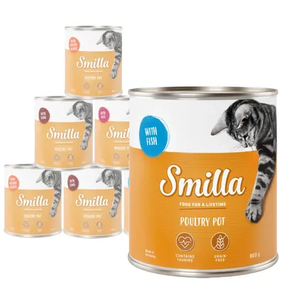 Smilla Poultry Pot cat food tins, visible flavours: with fish, with lamb, with beef, with poultry hearts. Labels show contains taurine, grain-free, 800g.