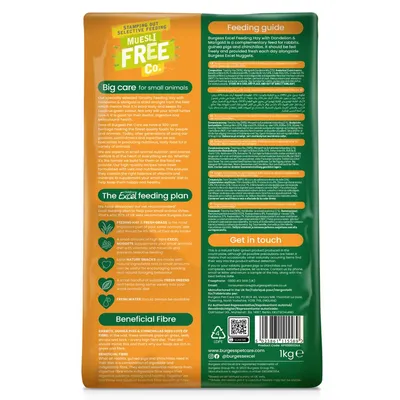 Back of pet food pack showing feeding guide, Excel feeding plan with steps for hay, nuggets, snacks, greens and water, beneficial fibre info, contact details, and muesli free label.