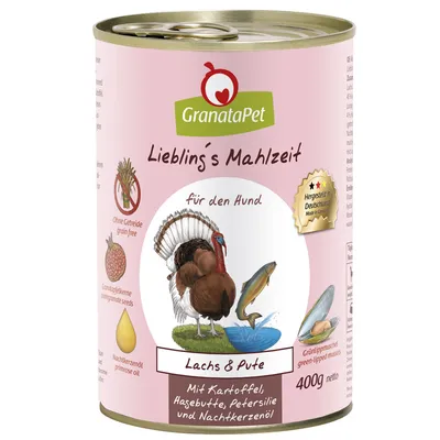 GranataPet Lieblings Mahlzeit dla psa, łosoś i indyk, bez zbóż, z ziemniakami, dziką różą, pietruszką i olejem z wiesiołka. Wyprodukowano w Niemczech. Puszka 400g.