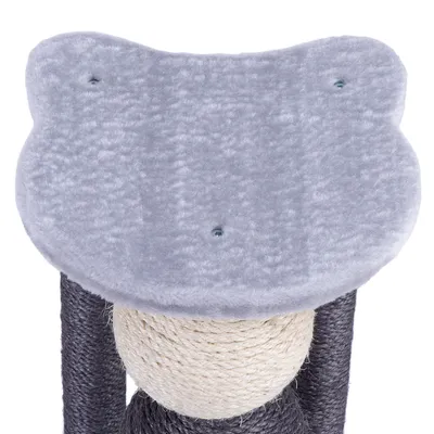 Cat tree with light grey, plush-covered platform in cat head shape and sisal-wrapped post.