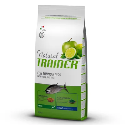 Natural Trainer con tonno e riso, semi di lino, alga spirulina. Maxi, adulti 12 kg. Made in Italy. Immagini di mela verde, lime, tonno, semi e alga sulla confezione.