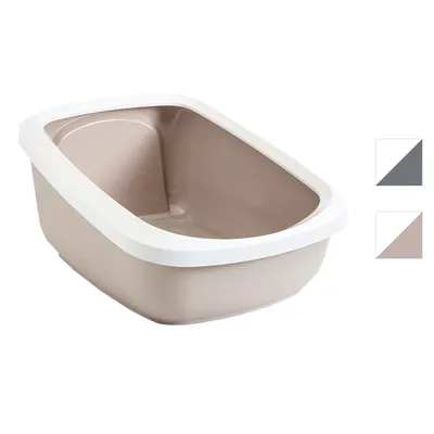Ladă de toaletă din plastic bej cu margine albă, formă dreptunghiulară, două opțiuni de culoare vizibile: gri și bej.