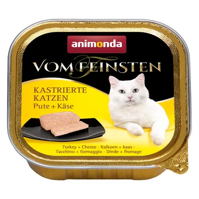 animonda Vom Feinsten KASTRIERTE KATZEN Pute + Käse. Консерва с изображение на бяла котка и парчета пастет върху черна чиния. Turkey + Cheese, Tacchino + formaggio.