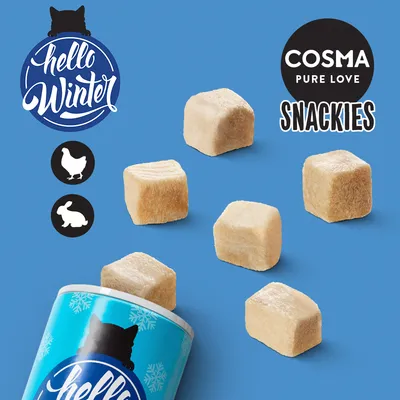 Cosma Pure Love Snackies. Fagyasztva szárított snack macskáknak csirkével vagy nyúllal. Hello Winter dizájn a csomagoláson.