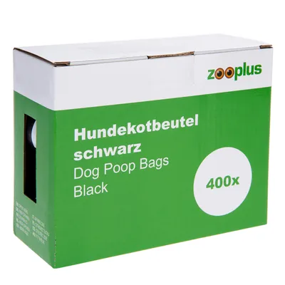 Zooplus woreczki na psie odchody, czarne, 400 sztuk. Opakowanie z zielonym wzorem i białym napisem.