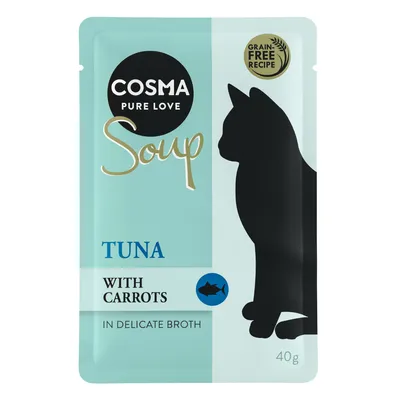 Cosma Soup, grain-free Rezept, Thunfisch mit Karotten in feiner Brühe, 40g. Silhouette einer Katze auf der Verpackung.