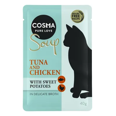 Cosma Soup, grain-free Rezept, Thunfisch und Huhn mit Süsskartoffeln in zarter Brühe. Verpackung zeigt schwarze Katzensilhouette. Inhalt: 40g.