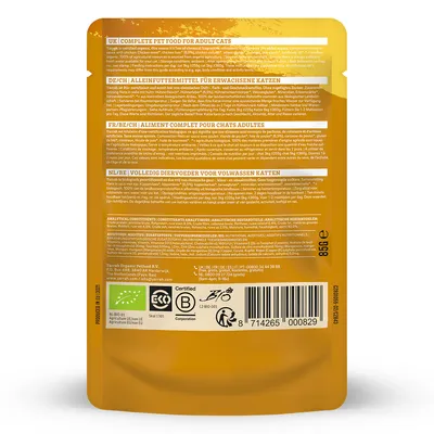 Achterkant verpakking Yarrah Organic Petfood volledig diervoeder voor volwassen katten, 85 g. Bevat voedingsadvies, analytische bestanddelen, ingrediënten en certificeringen zoals NL-BIO-01.