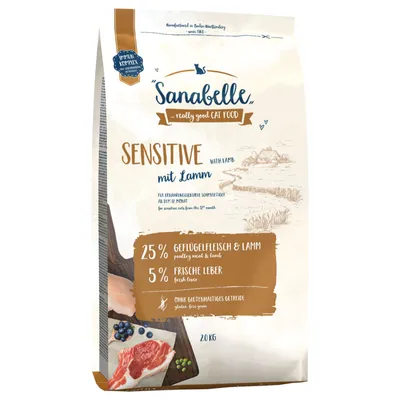 Sanabelle Sensitive с ягненком, 25% мясо птицы и ягненка, 5% свежей печени, без злаков с глютеном, для чувствительных кошек от 12 месяцев. Упаковка: 20 кг.