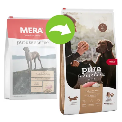Cambio de envase de pienso para perros MERA pure sensitive adult, visible texto: Truthahn & Reis, Made in Germany. Imagen de perro y croquetas en ambos paquetes.