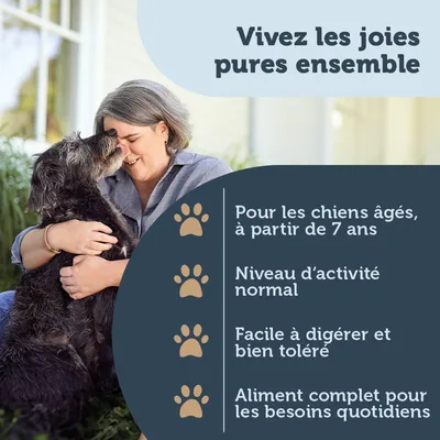 Vivez les joies pures ensemble. Pour les chiens âgés à partir de 7 ans, niveau d’activité normal, facile à digérer et bien toléré, aliment complet pour les besoins quotidiens.