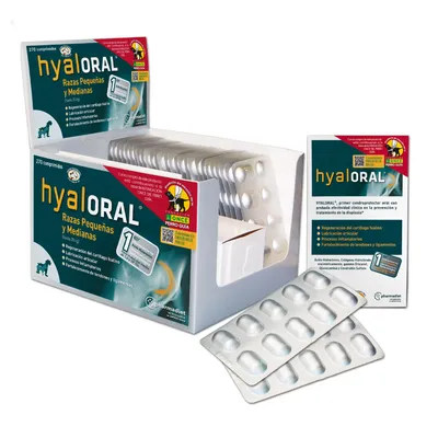 Hyaloral tablets for small and medium-sized dogs. Supports cartilage regeneration, joint mobility and strengthens tendons and ligaments. Pack of 270 tablets.