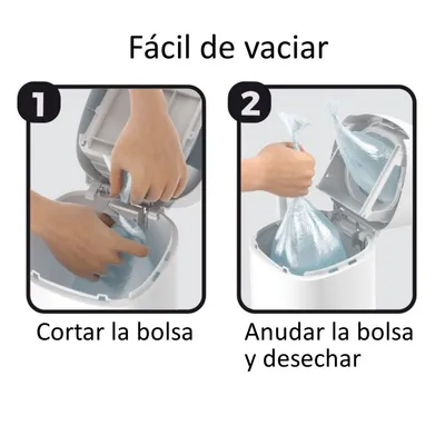 Instrucciones para vaciar: 1. Cortar la bolsa dentro del contenedor. 2. Anudar la bolsa y desechar. Texto: Fácil de vaciar.