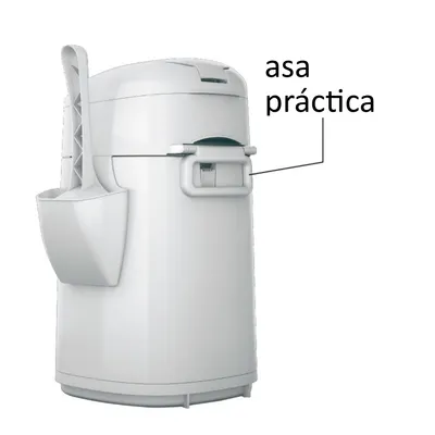 Contenedor de plástico blanco con pala lateral y texto señalando 'asa práctica' en la parte frontal. El asa está resaltada como característica visible.