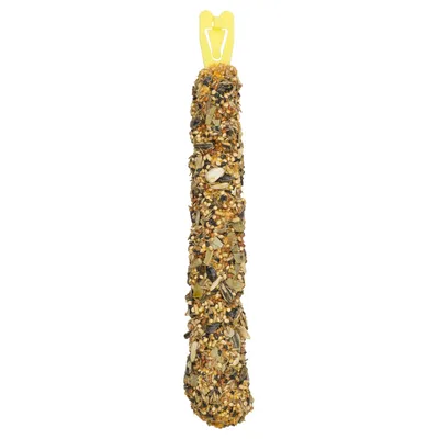 Bâtonnet recouvert de graines variées avec crochet en plastique jaune visible en haut, sans marque ni texte apparent.