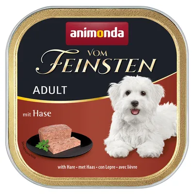Animonda Vom Feinsten Adult with hare, showing food portion and a white dog on the packaging. Text includes 'with Hare' in multiple languages.