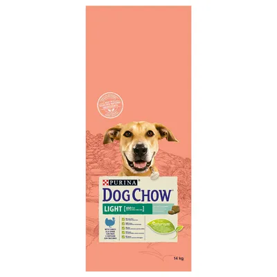 PURINA DOG CHOW LIGHT mit Truthahn, Naturium, 14 kg. Mit ausgewählten natürlichen Zutaten. Produktverpackung zeigt Hund und Futterkroketten.