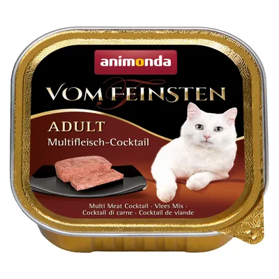 animonda Vom Feinsten ADULT Multifleisch-Cocktail, valkoinen kissa ja lihapaloja mustalla lautasella pakkauksessa. Multi Meat Cocktail, Vlees Mix, Cocktail di carne, Cocktail de viande.