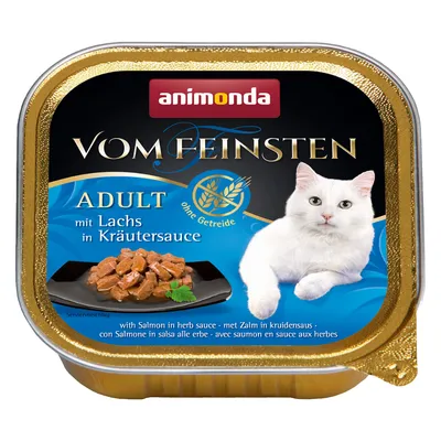 animonda Vom Feinsten ADULT mit Lachs in Kräutersauce, без зърнени храни. Опаковка с изображение на парчета риба в билков сос и бял котарак.