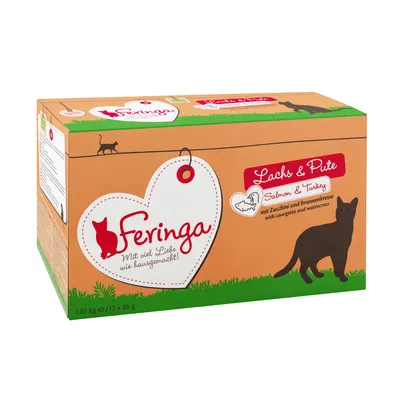 Caja de comida para gatos Feringa Lachs & Pute (salmón y pavo) con calabacín y berro, 1,02 kg (12 x 85 g). Texto visible en alemán e inglés.