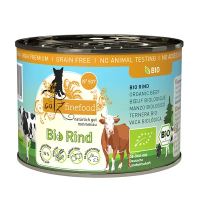 catz finefood Bio hovězí, č. 507, přirozeně dobré, bez přidaného cukru, bez obilovin, bez testování na zvířatech, DE-ÖKO-006, Bio certifikát, německé zemědělství.