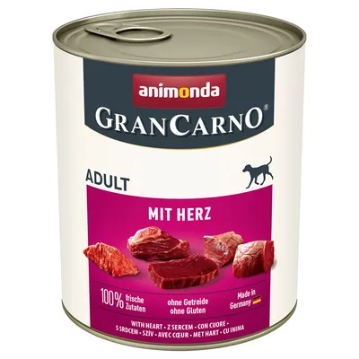 animonda GranCarno Adult dog food tin, visible text: MIT HERZ, 100% frische Zutaten, ohne Getreide ohne Gluten, Made in Germany. Images of raw meat pieces on label.
