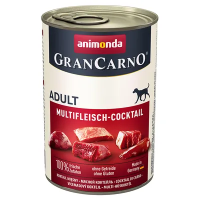 Konzerva animonda GranCarno Adult Multifleisch-Cocktail, 100 % frische Zutaten, bez obilnín a gluténu, vyrobené v Nemecku. Viacmäsový koktejl pre dospelých psov podľa obalu.