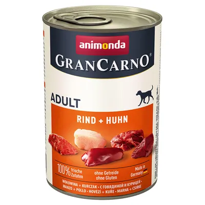 Konzerva animonda GranCarno ADULT RIND + HUHN, hovädzie a kuracie, 100 % čerstvé ingrediencie, bez obilnín a gluténu, vyrobené v Nemecku. Viditeľné kúsky mäsa na etikete.