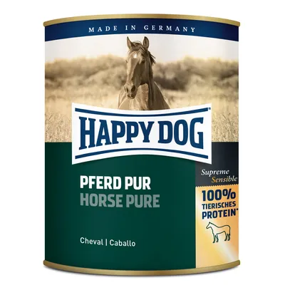 Happy Dog Pferd Pur Horse Pure dåse, Supreme Sensible, 100% tierisches protein, Cheval Caballo, Made in Germany. Billede af hest på etiketten.