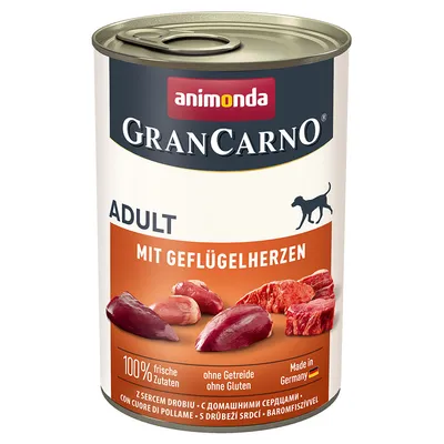 Konzerva Animonda GranCarno Adult mit Geflügelherzen, 100% frische Zutaten, ohne Getreide ohne Gluten, Made in Germany. Zobrazené kúsky mäsa a srdcia.