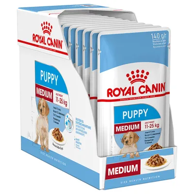 Royal Canin Puppy Medium märkäruoka, aikuispaino 11–25 kg, 140 g annospussit, pakkauksessa koiranpentukuva ja ruoka-annoskuva