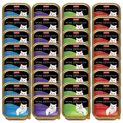 Animonda Vom Feinsten Adult -kissan märkäruokapakkaukset, eri makuja: Lachs & Shrimps, Huhn, Rind & Kartoffeln, Meeresfrüchten, Kastrierte Katze. Useita annosrasioita vierekkäin.