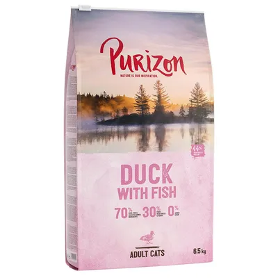 Purizon Duck with Fish per gatti adulti, 6,5 kg. Testo visibile: 70% duck fish ingredients, 30% vegetables herbs, 0% added grain, 44% protein content.