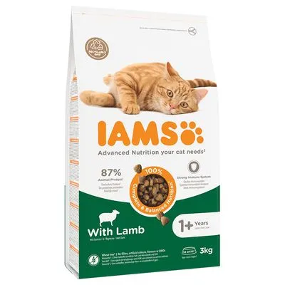 IAMS kattenvoer met lam, 87% dierlijk eiwit, geschikt voor katten vanaf 1 jaar, 3 kg verpakking. Tekst: 'Advanced Nutrition your cat needs', 'With Lamb', 'Complete & Balanced Nutrition'.