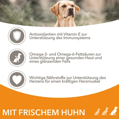 Antioxidantien mit Vitamin E für das Immunsystem, Omega-3 und -6 für Haut und Fell, Nährstoffe für Herzgesundheit. Mit frischem Huhn.