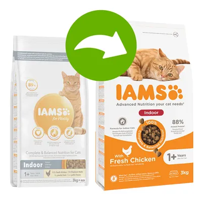 Συσκευασίες IAMS Indoor για γάτες άνω του 1 έτους, με φρέσκο κοτόπουλο, 3 κιλά. Ορατά: 88% ζωική πρωτεΐνη, χωρίς σιτάρι, πλήρης και ισορροπημένη διατροφή.