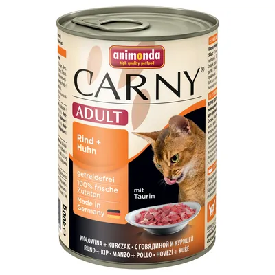 animonda CARNY ADULT Rind + Huhn, getreidefrei, 100% frische Zutaten, Made in Germany, mit Taurin, dåse 400 g. Billede af kød i skål og kat. Tekst på flere sprog nederst.