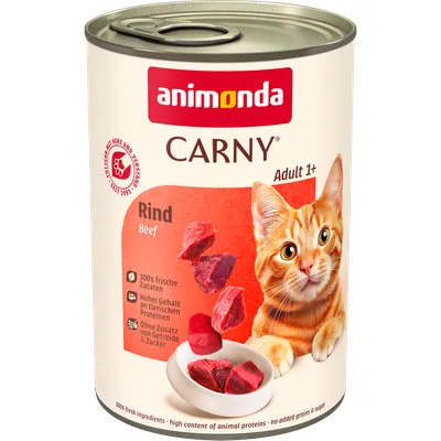 animonda Carny Adult 1+ Naudanliha. 100 % tuoreita ainesosia, korkea eläinproteiinipitoisuus, ilman lisättyä viljaa ja sokeria. animonda Carny Adult 1+ Naudanliha. 100 % tuoreita ainesosia, korkea eläinproteiinipitoisuus, ilman lisättyä viljaa ja sokeria.