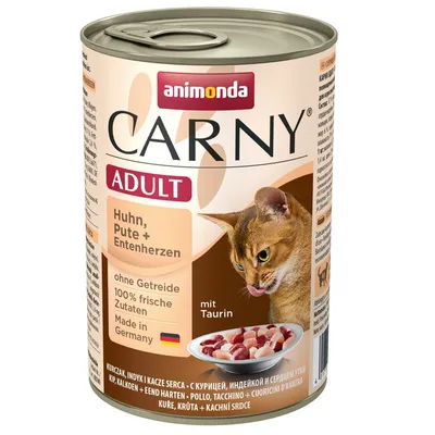 animonda CARNY ADULT Huhn, Pute + Entenherzen. ohne Getreide, 100% frische Zutaten, Made in Germany, mit Taurin. Dåse med kattemad og billede af kat samt skål med foder.