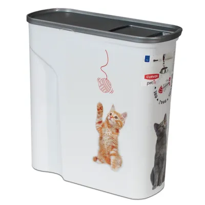 Curver Petlife foderbehållare med kattmotiv, vit, lock av plast, lämplig för förvaring av djurfoder.