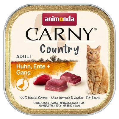 animonda Carny Country Adult Huhn, Ente + Gans. Кутия с храна за котки, изображение на оранжева котка и парчета месо. Текст: 100% frische Zutaten, Ohne Getreide & Zucker, Mit Taurin.