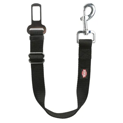 Black safety belt for pets with adjustable nylon strap, metal clip and Trixie logo.