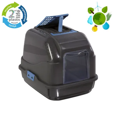 Maison de toilette pour chat en plastique recyclé, porte battante transparente, trappe d’aération sur le dessus, logo 2nd life plastic visible.