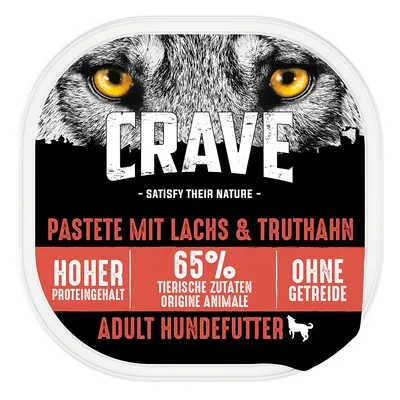 CRAVE Adult Hundefutter, Pastete mit Lachs & Truthahn, 65% tierische Zutaten, hoher Proteingehalt, ohne Getreide. Tekst in het Duits zichtbaar op verpakking.