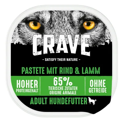 CRAVE Pastete mit Rind & Lamm, hohes Proteingehalt, 65% tierische Zutaten, ohne Getreide, Adult Hundefutter. Tekst in het Duits.