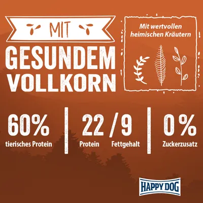 Mit gesundem Vollkorn, wertvollen heimischen Kräutern. 60% tierisches Protein, 22/9 Protein/Fettgehalt, 0% Zuckerzusatz. Happy Dog.