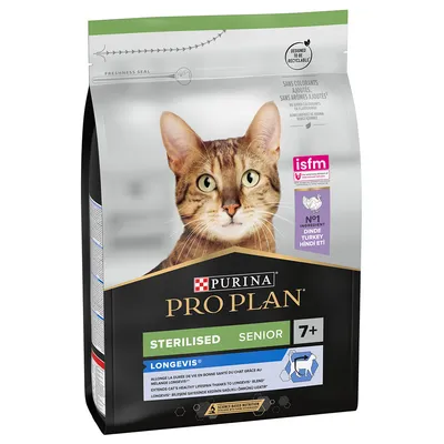 Purina Pro Plan Sterilised Senior 7+ z Longevis, główny składnik indyk. Zaprojektowane do recyklingu. Certyfikat ISFM. Dla starszych wysterylizowanych kotów.
