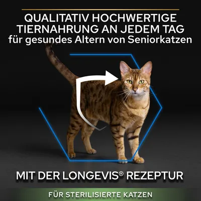 Qualitativ hochwertige Tiernahrung für gesundes Altern von Seniorkatzen. Mit der Longevis® Rezeptur, speziell für sterilisierte Katzen.
